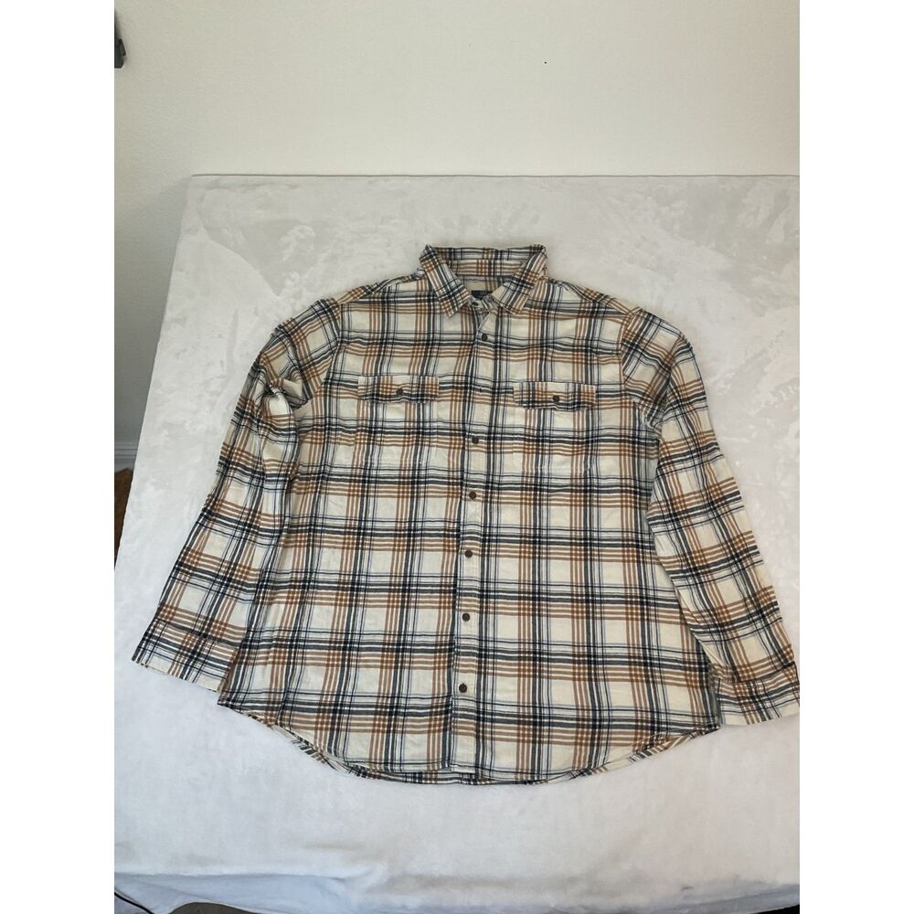 George Men's 3XL Plaid White Blue Brown Flannel Button-Up Shirt Long Sleeve